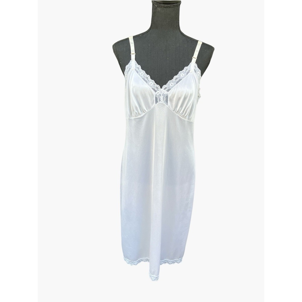 Vtg 70s Shadowline Womens White Lace Trim Full Slip Dress 38 Tall Y2K Coquette